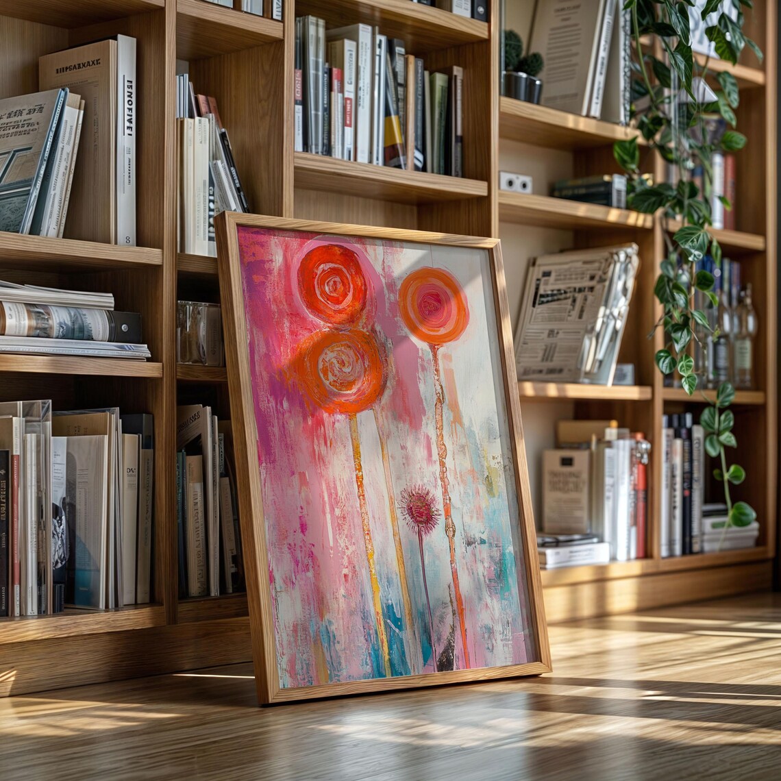 Abstract Orange and Pink Blooms on Tall Stems Modern Floral Art Poster