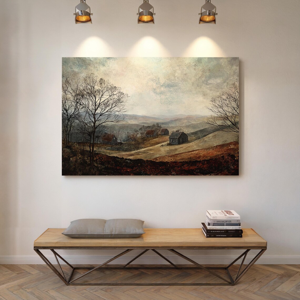 Vintage Countryside Farmhouses on Rolling Hills Painting Poster - Image 3