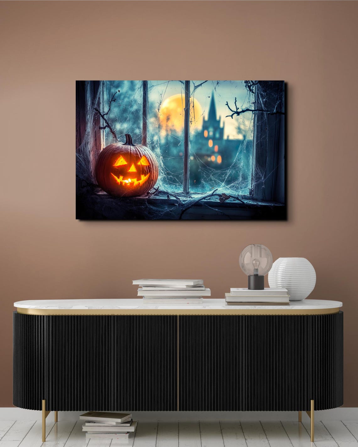 Glowing Jack O Lantern on Gothic Window Ledge Under Full Moon Poster - Image 4