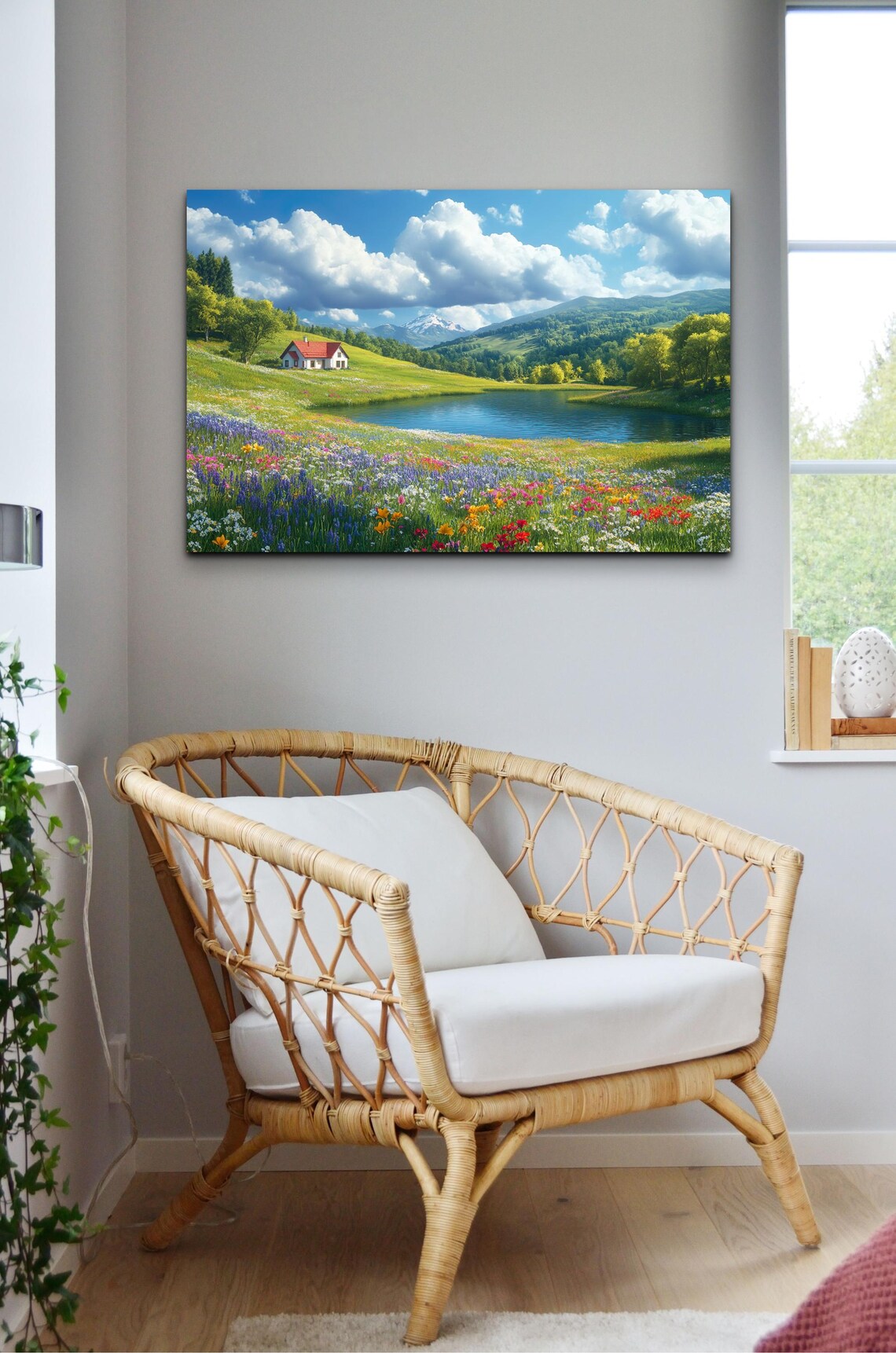 Colorful Wildflower Meadow Lake Mountain Cabin Landscape Poster - Image 3