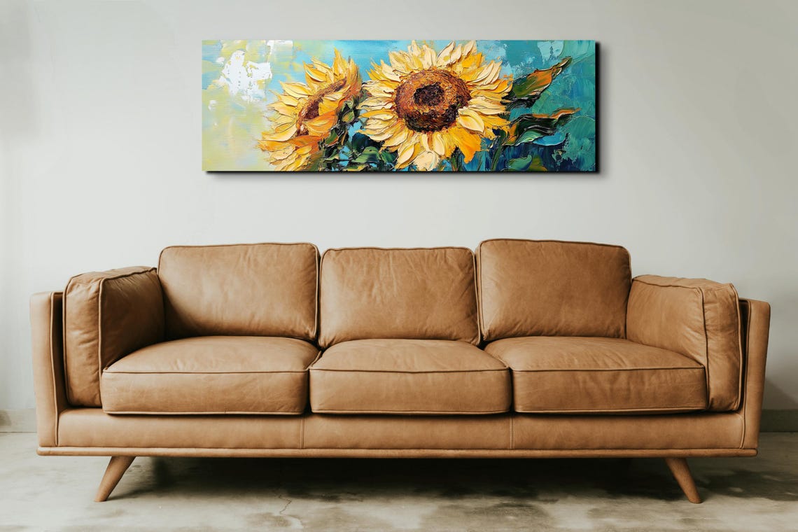 Two Large Sunflowers Golden Teal Impasto Panoramic Art Poster - Image 6