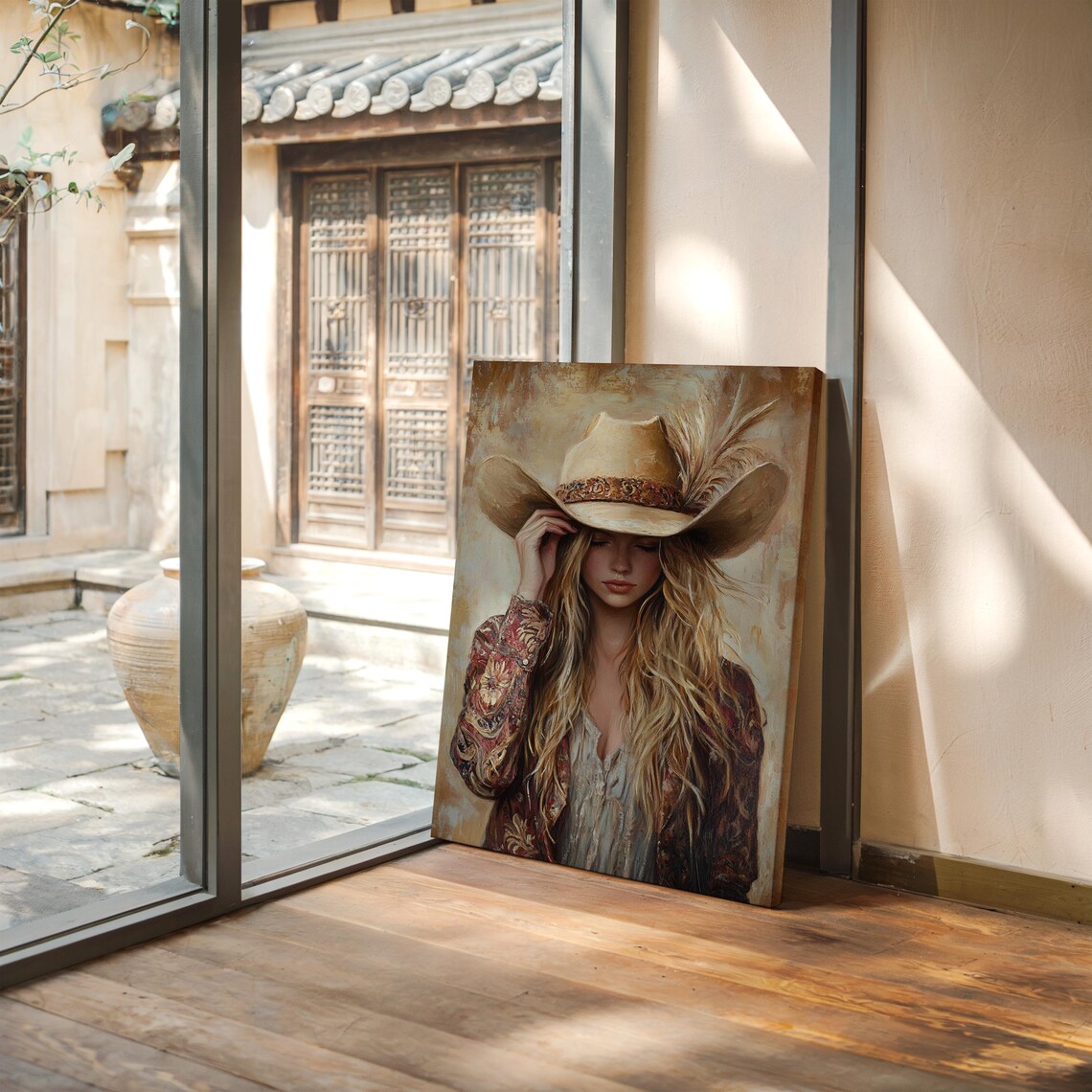 Western Cowgirl Tipping Her Feathered Hat Rustic Portrait Poster - Image 4