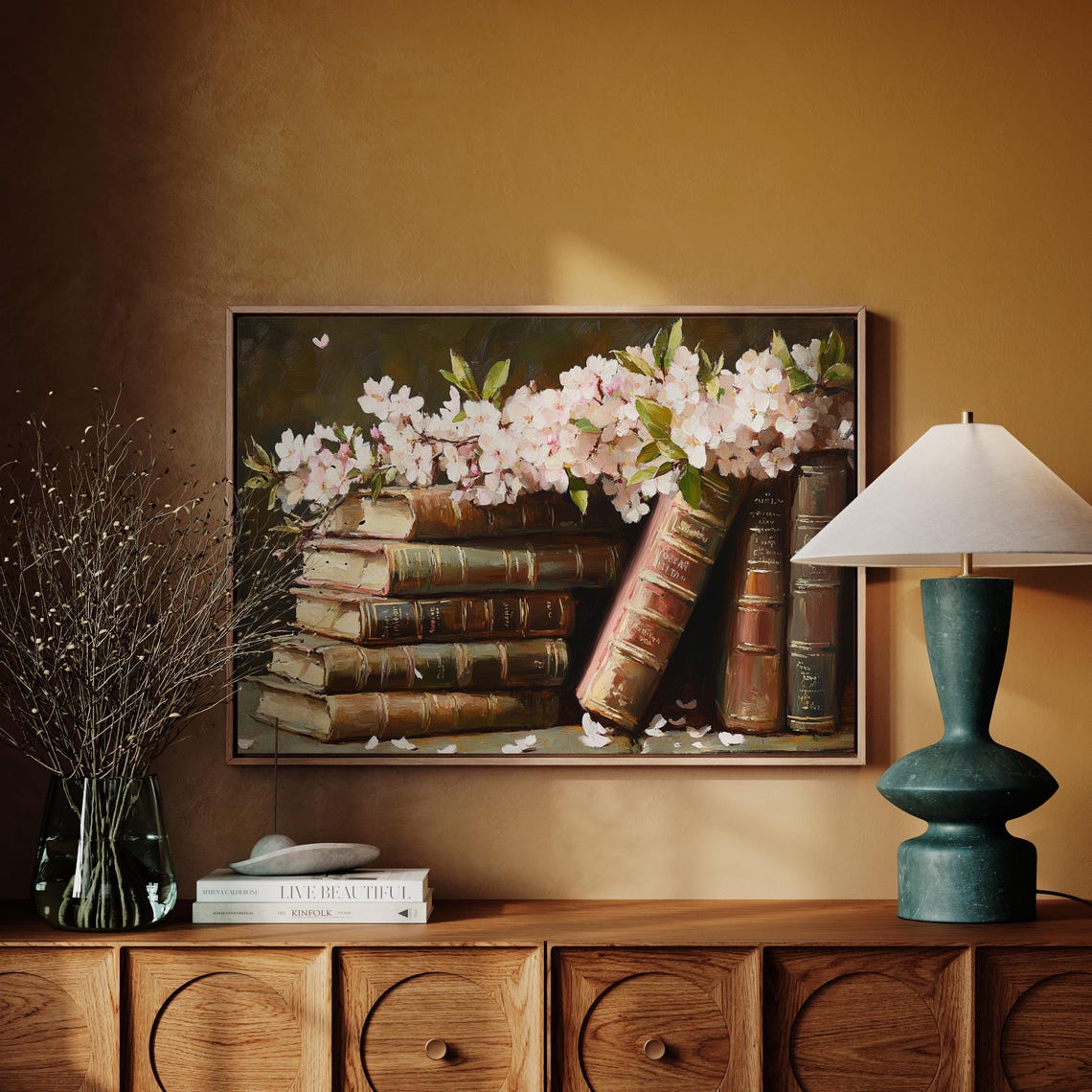 Antique Books Cherry Blossoms Stack Vintage Floral Library Art Poster
