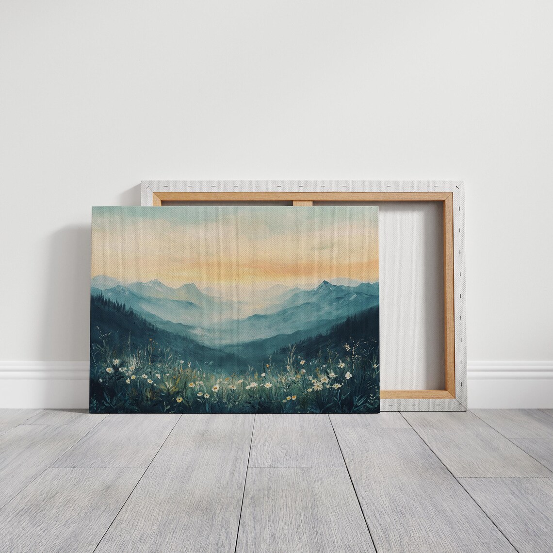 Serene Mountain Valley With Wildflowers Soft Watercolor Art Poster - Image 3