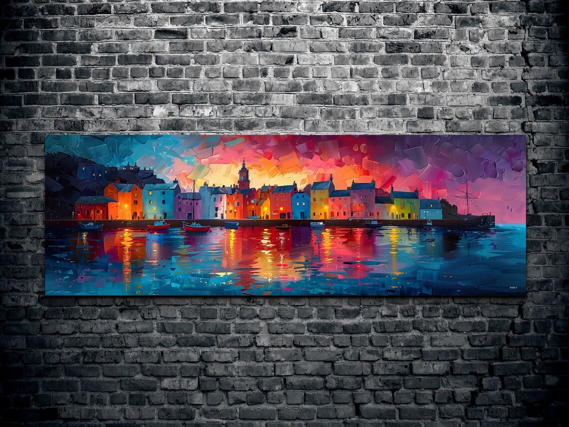 Colorful Fishing Village Harbor At Sunset Vivid Impressionist Poster - Image 2
