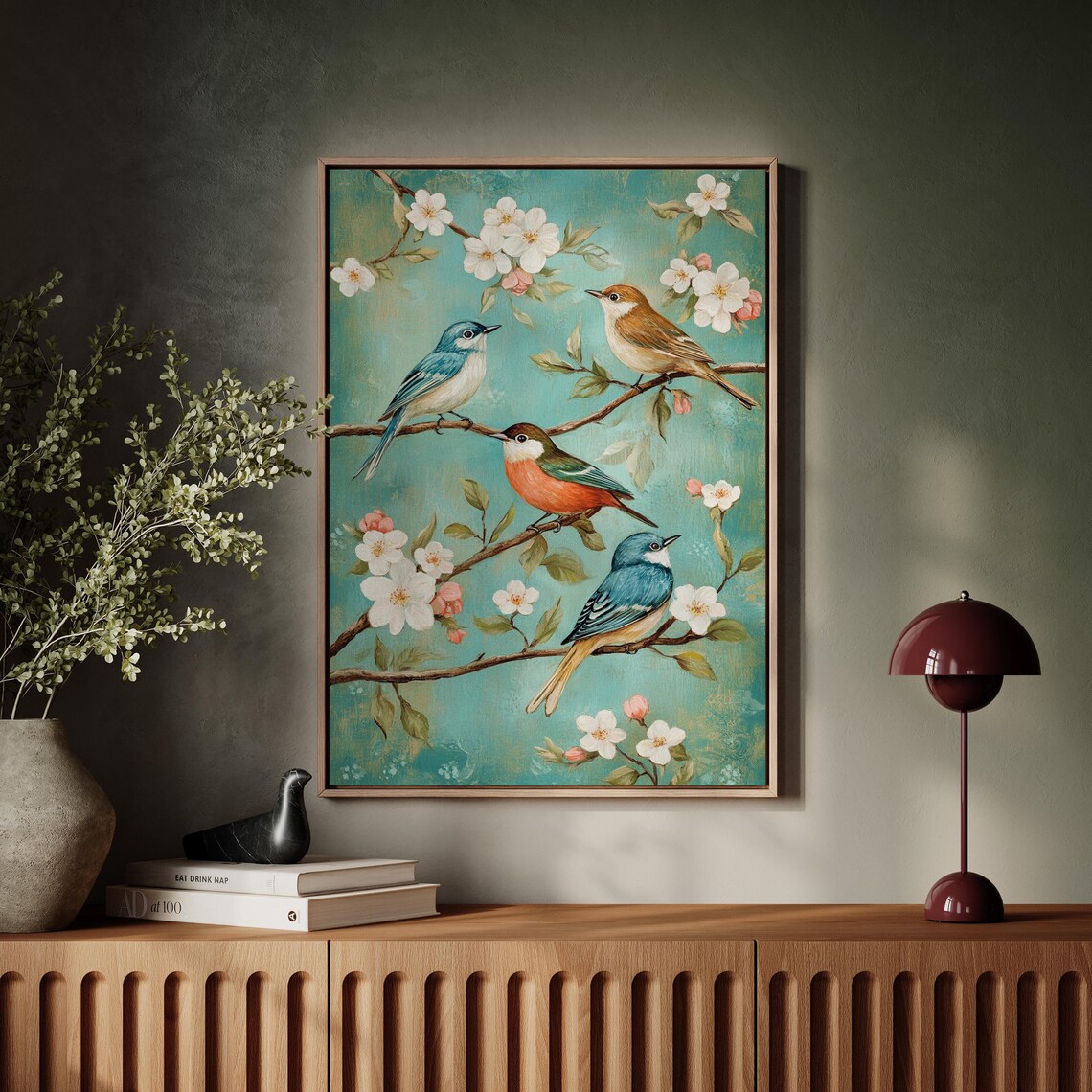 Colorful Songbirds On Blossoming Branches Teal Floral Quartet Poster - Image 7