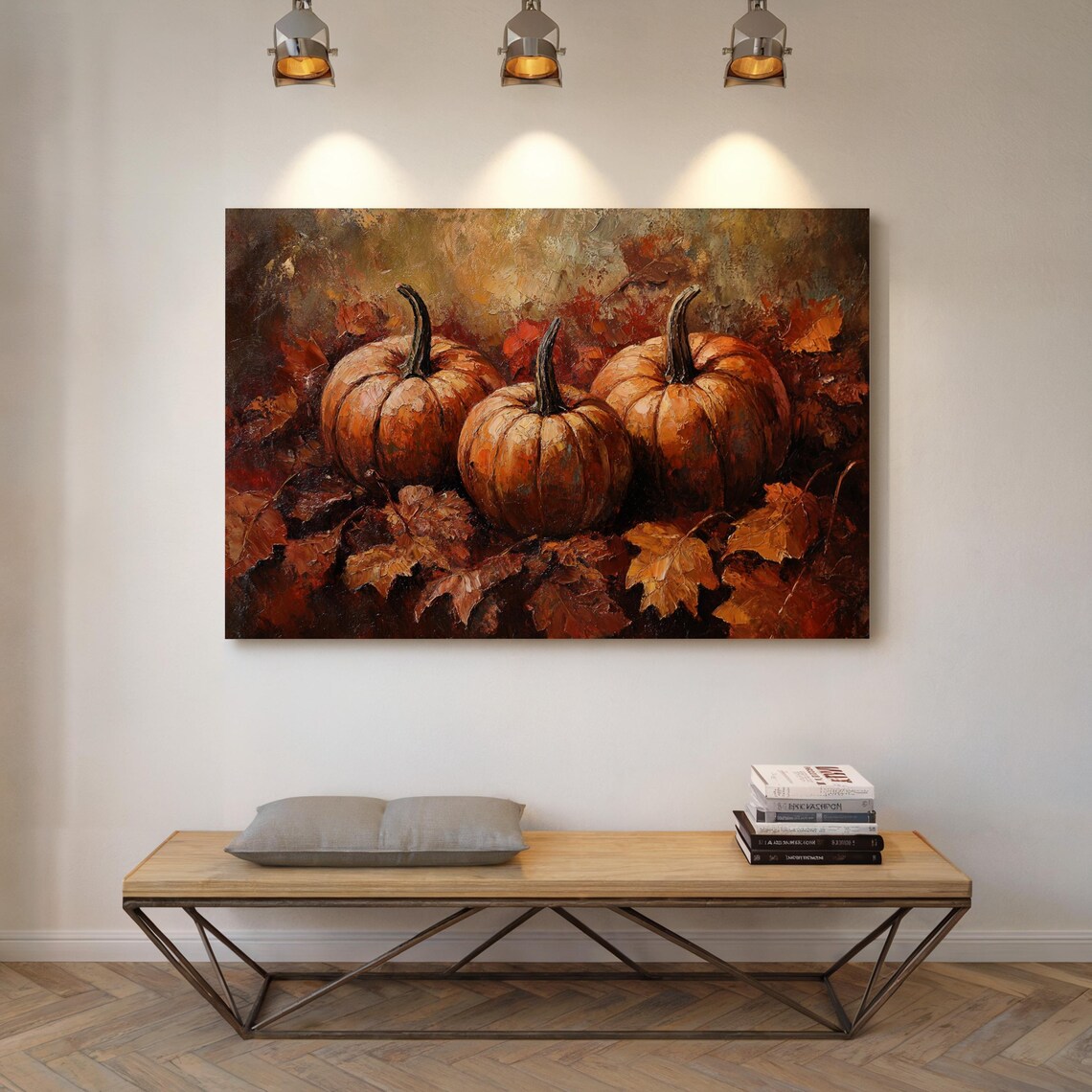 Three Pumpkins Among Autumn Leaves Moody Fall Harvest Still Life Poster - Image 6