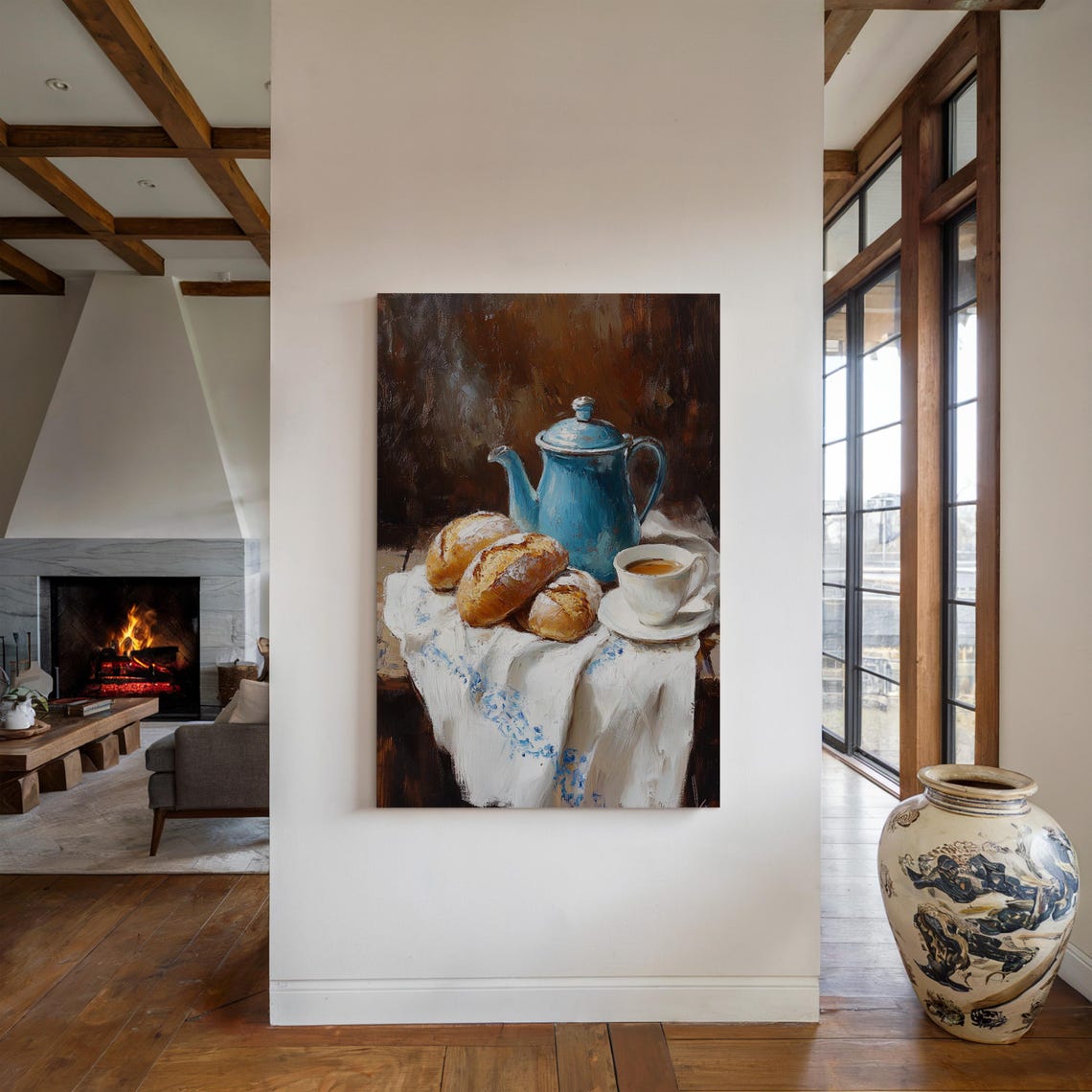 Blue Teapot Bread and Tea Cup Rustic Kitchen Still Life Poster