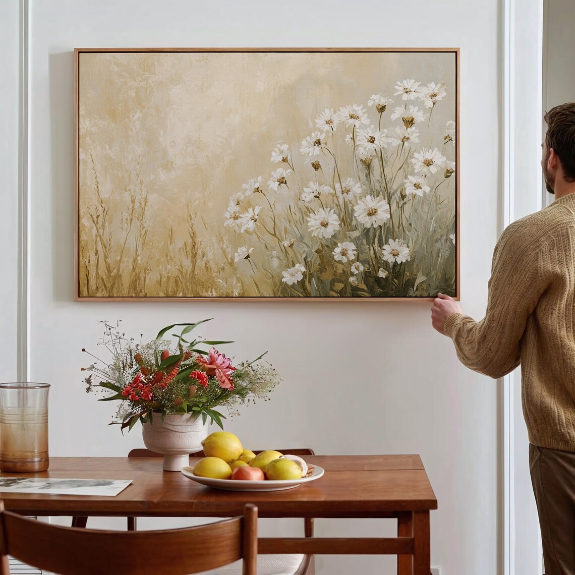 White Wildflowers Beige Minimalist Floral Botanical Wall Art - Image 4