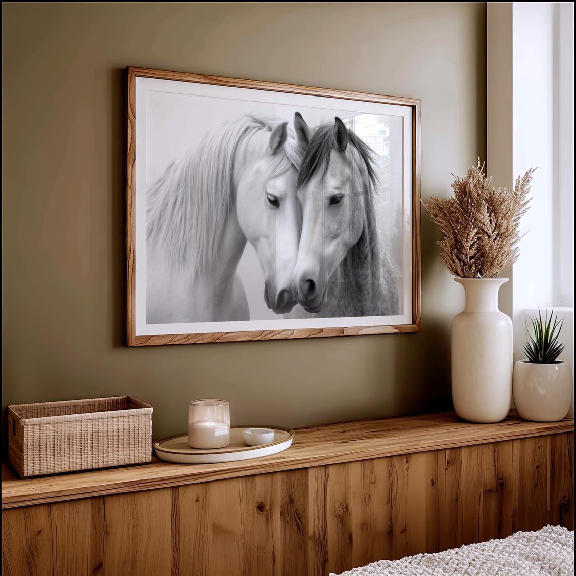 Two White Horses Nose To Nose Black White Equine Photo Poster