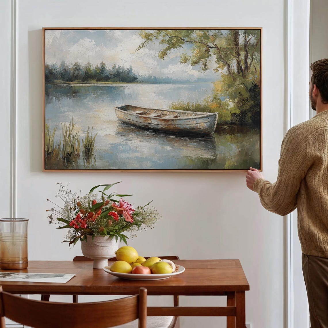 Rustic Rowboat Calm Lake Vintage Lakeside Landscape Wall Art - Image 5