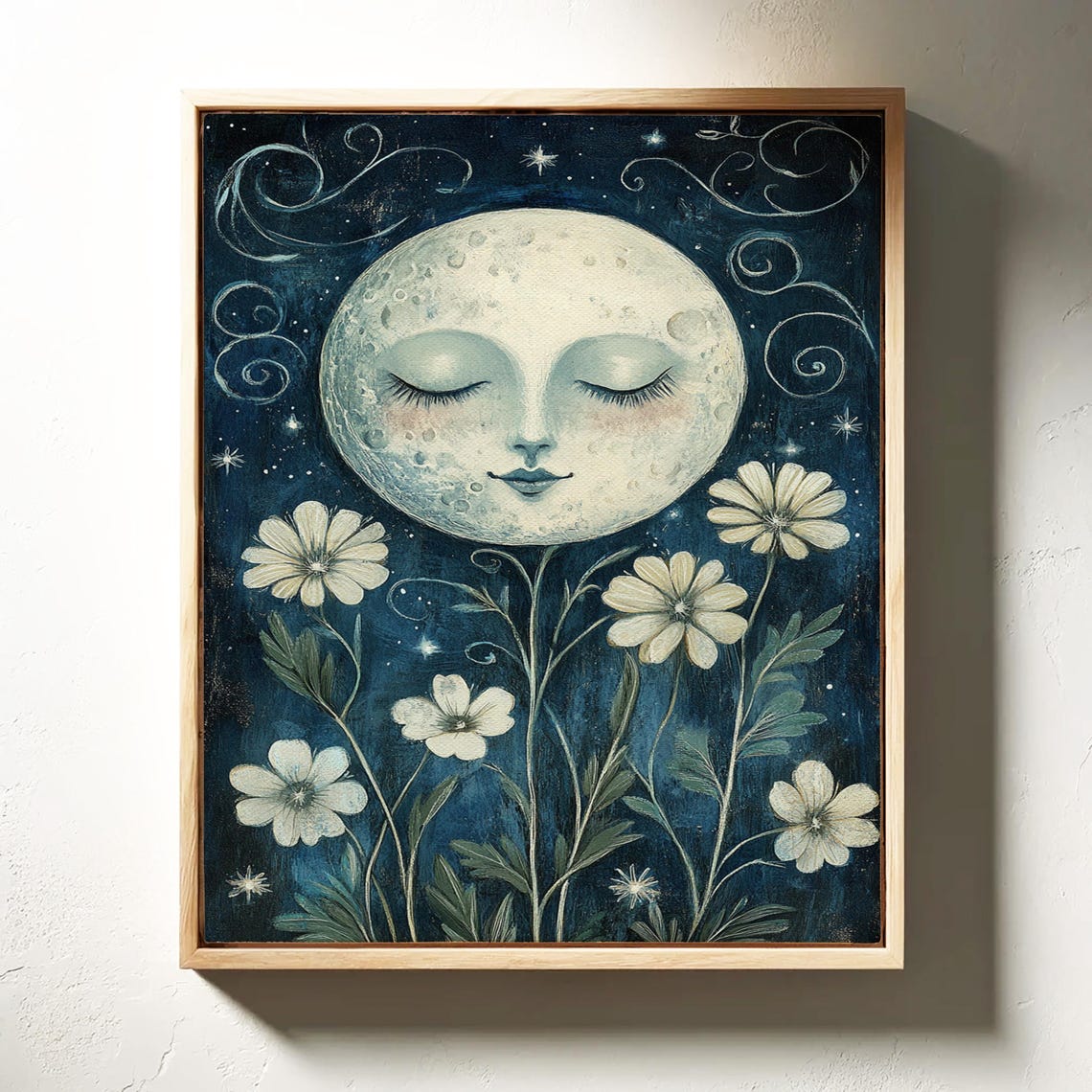 Smiling Sleeping Moon Over Wildflowers Starry Night Folk Art Poster - Image 5