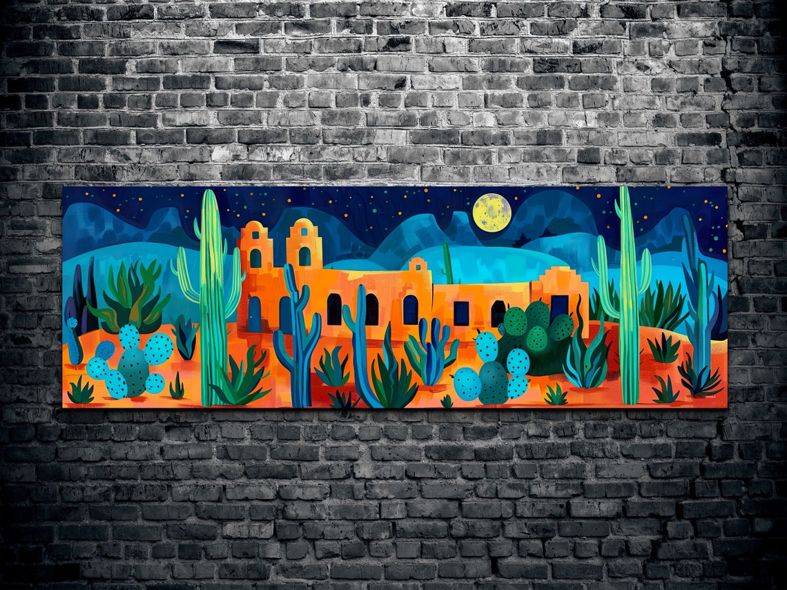 Desert Mission at Night Full Moon Agave and Saguaro Cactus Wall Poster - Image 2