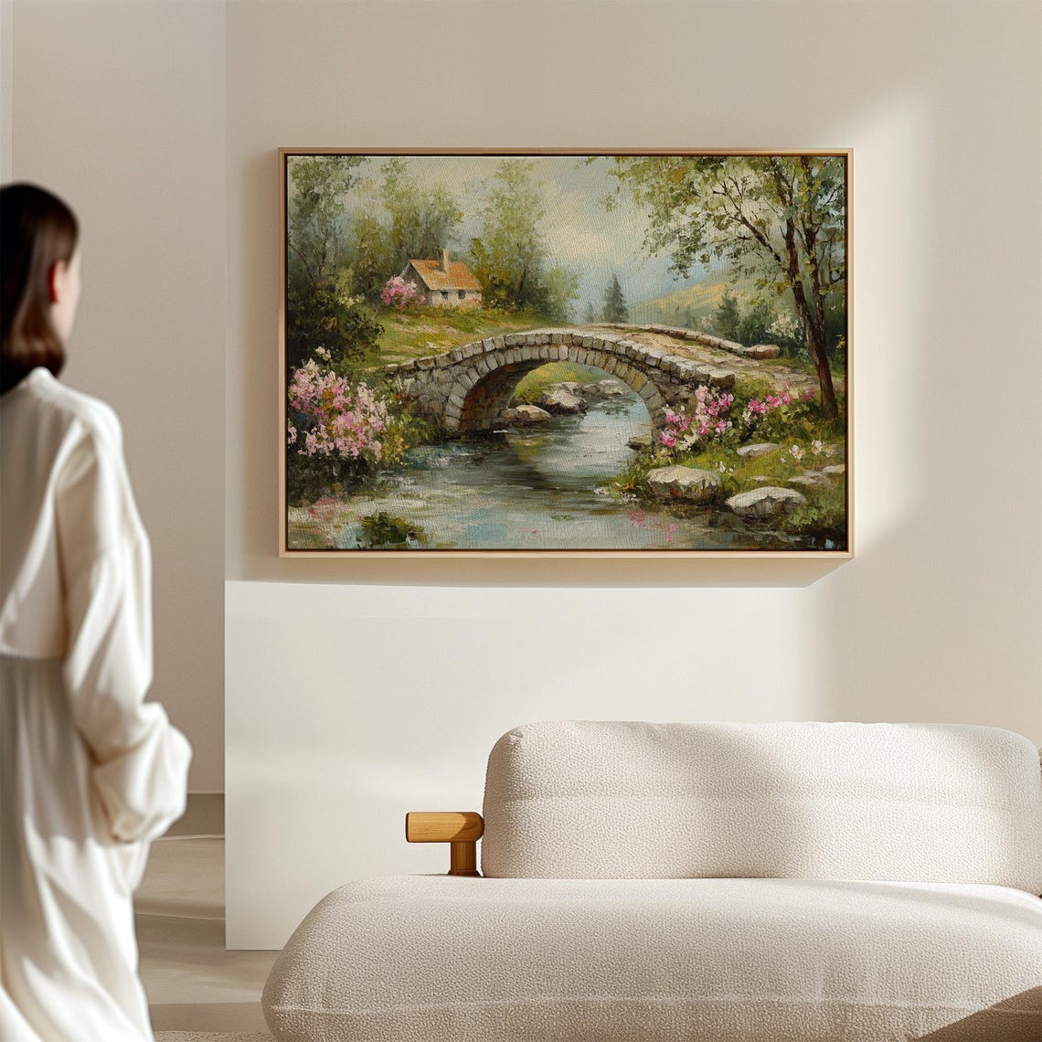 Stone Arch Bridge Over Stream With Pink Blossoms Cottage Wall Art - Image 7