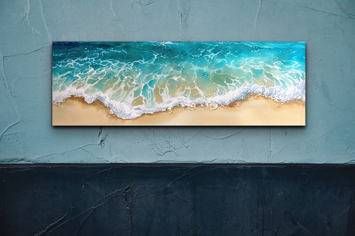 Panoramic Watercolor Ocean Wave Turquoise Beach Shore Wall Art - Image 4