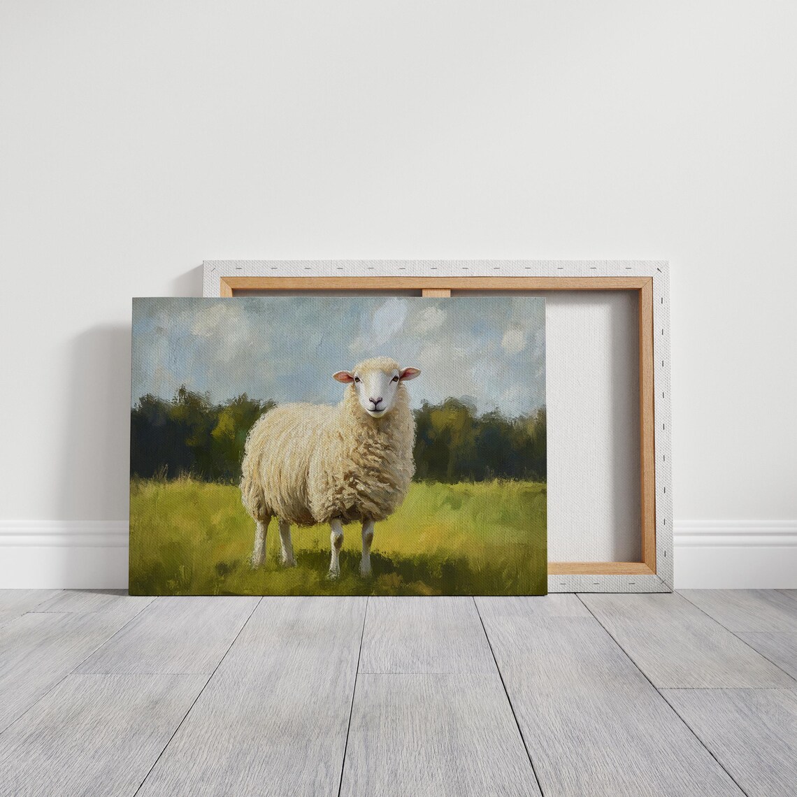 Fluffy White Sheep Smiling in Green Pasture Farm Painting Poster - Image 4