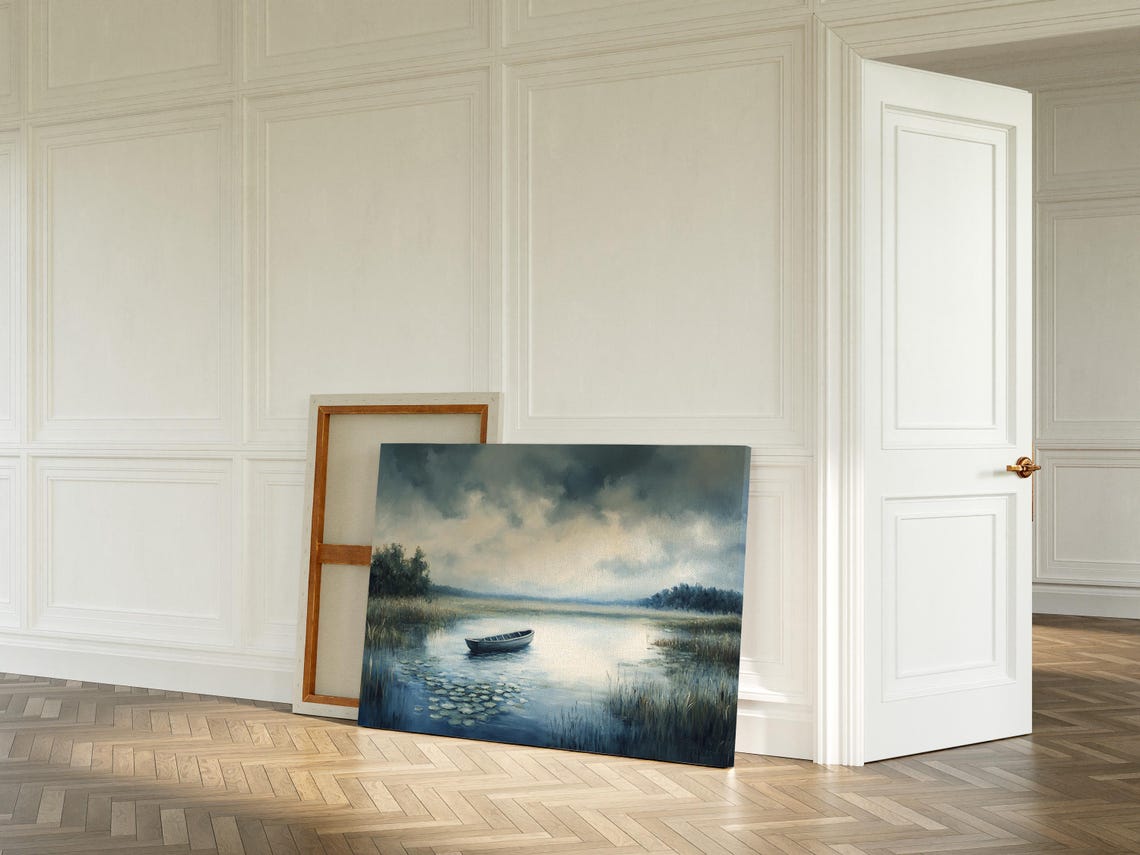 Lonely Rowboat On Misty Lake, Vintage Landscape Art Print - Image 5