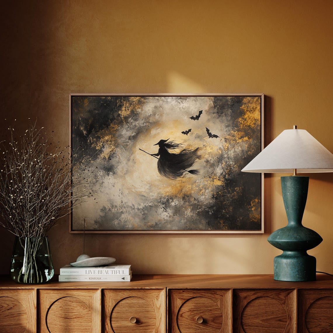 Halloween Witch Silhouette Flying Broomstick Full Moon Bats Poster - Image 4