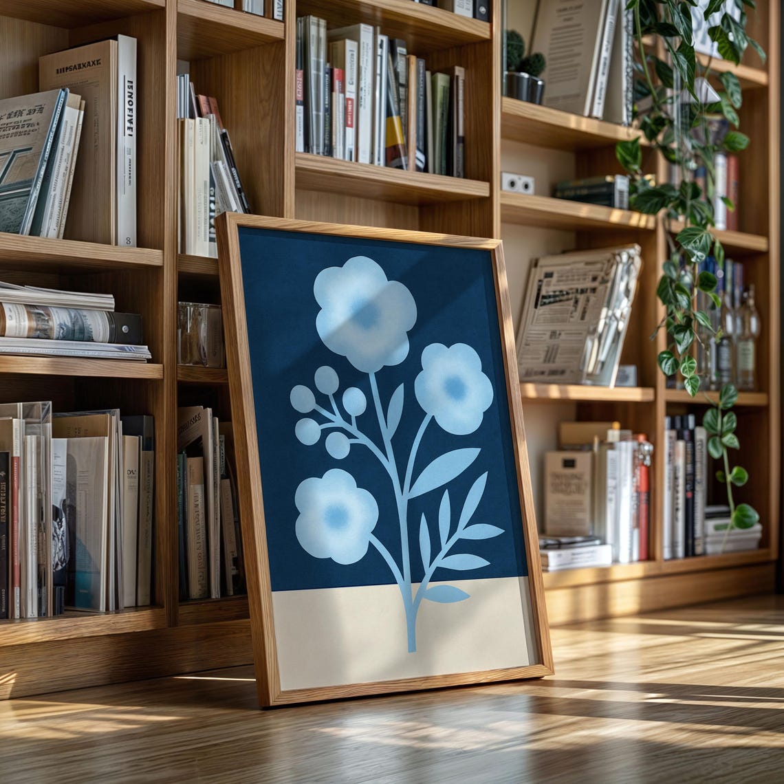 Modern Blue Floral Art Minimalist Botanical Canvas Print