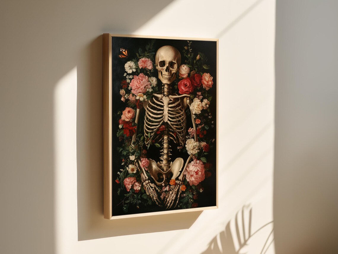 Romantic Skeleton With Red Roses Dark Floral Gothic Anatomy Art Poster - Image 3