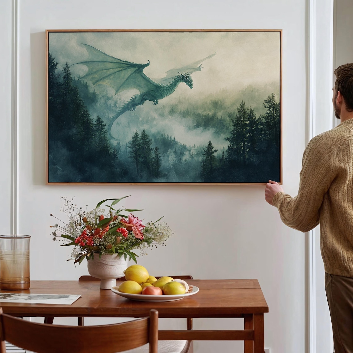 Majestic Dragon Over Misty Forest Fantasy Art Print - Image 2
