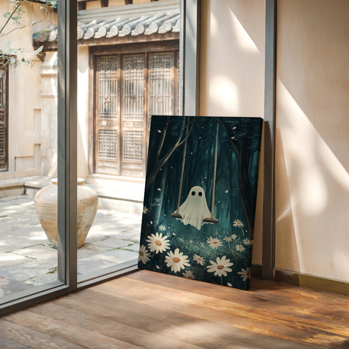 Cute Ghost On Swing In Dark Forest With White Daisies Wall Art - Image 4