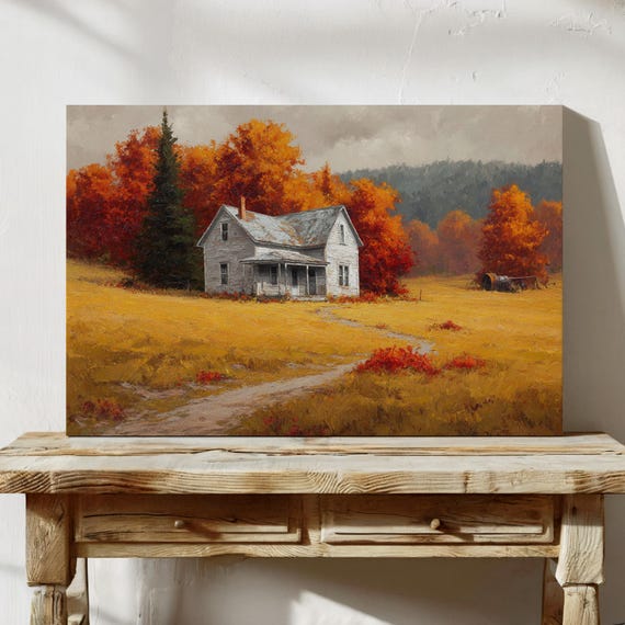 Rustic Farmhouse Canvas Wall Art Abandoned Country Home In Autumn Landscape Vintage Cottage Painting With Golden Fields And Fall Trees