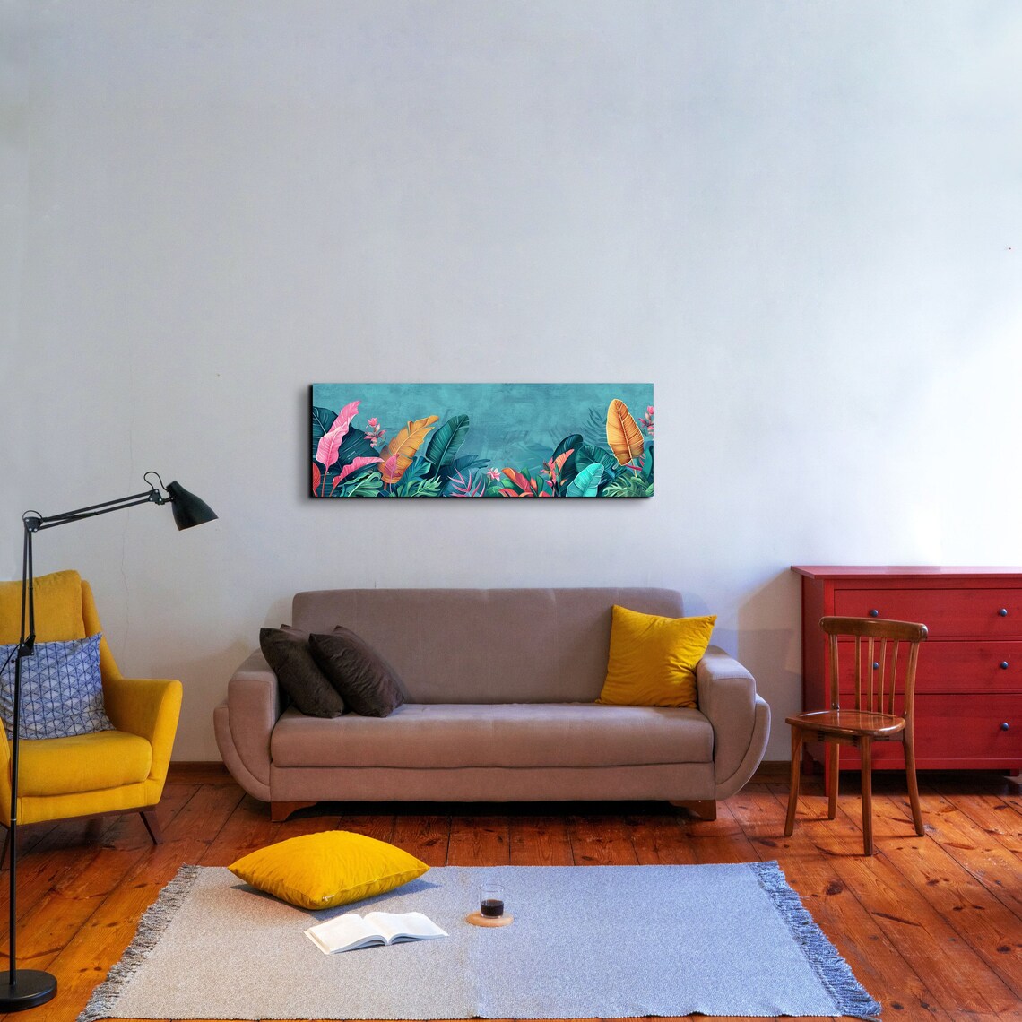 Colorful Tropical Leaves in Pink and Teal Panoramic Wall Art - Image 3