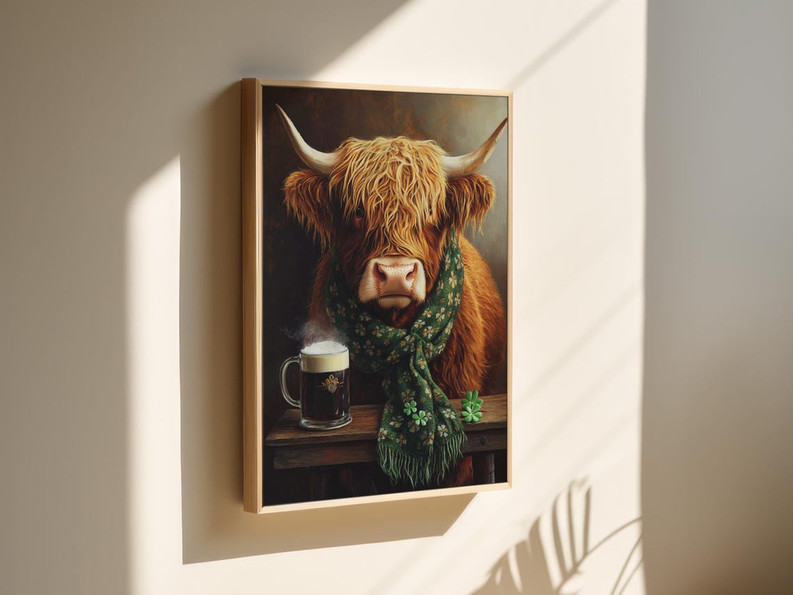 Rustic Highland Cow With Irish Charm Beer Mug and Clover Poster - Image 4