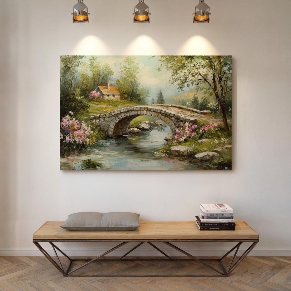Stone Arch Bridge Over Stream With Pink Blossoms Cottage Wall Art - Image 6