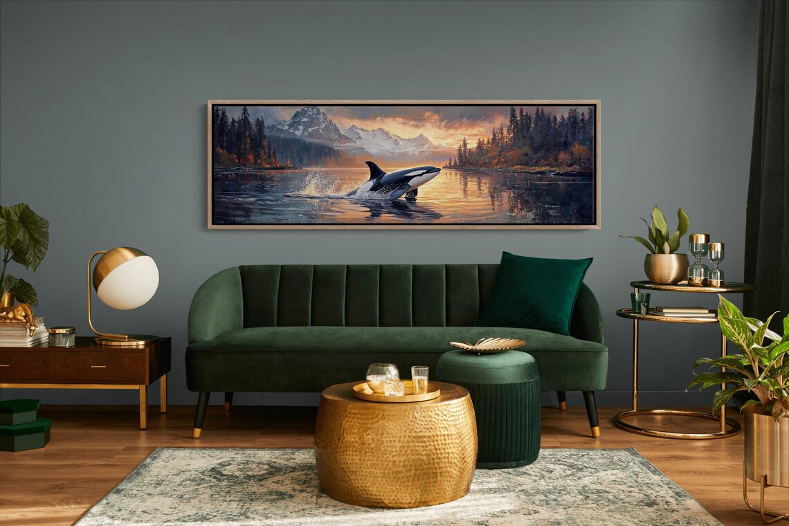 Orca Whale Jumping at Sunset, Ocean Scene Art Print - Image 2