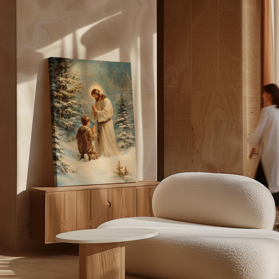 Jesus Praying With a Kneeling Boy in a Snowy Winter Forest Poster - Image 7