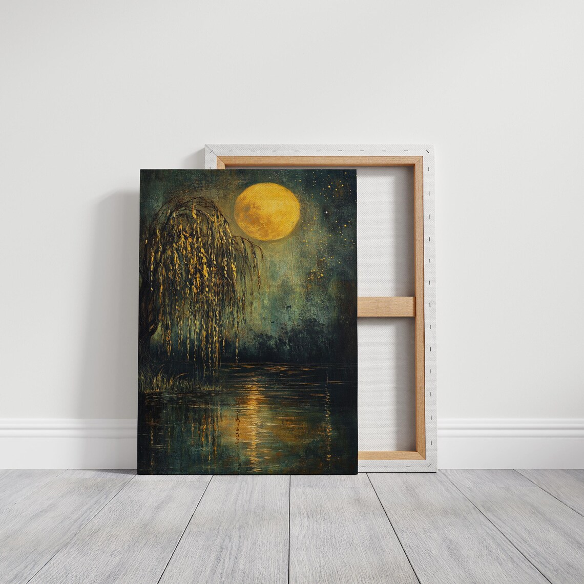 Moonlit Willow Reflection, Mystical Night Scene Art - Image 6
