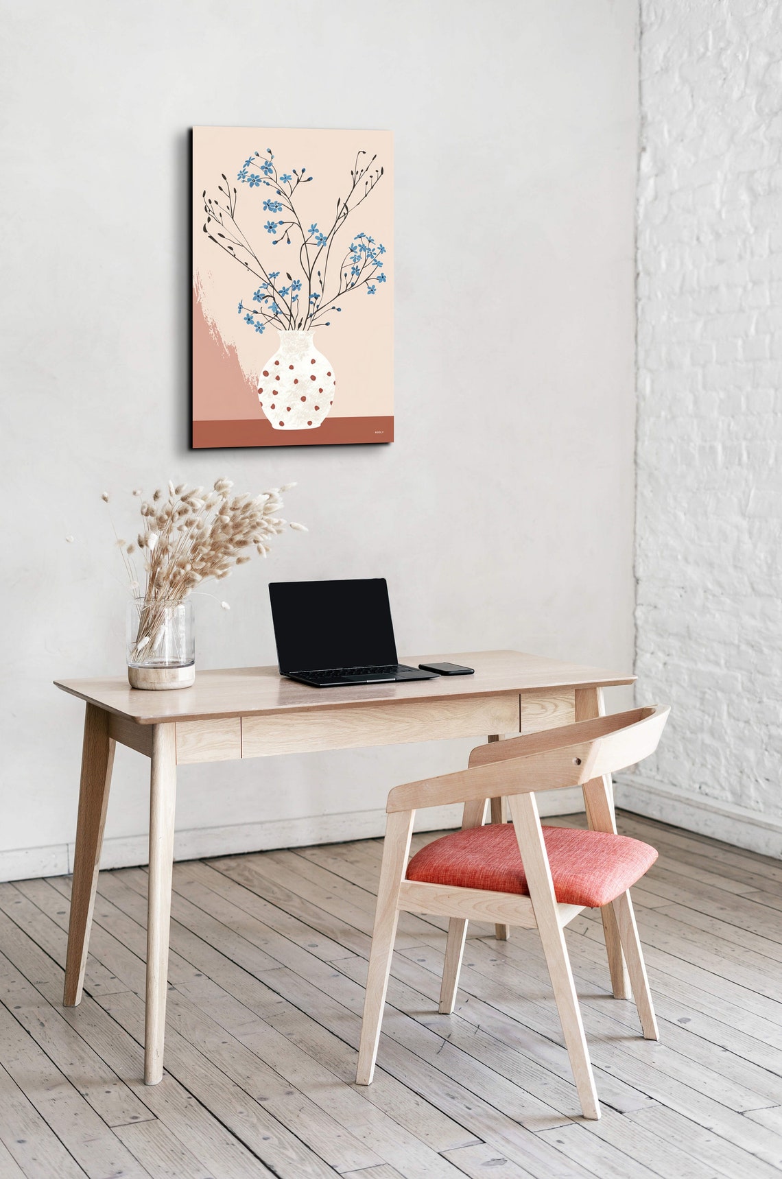 Delicate Blue Blooms in Dotted White Vase Blush Minimalist Art Poster - Image 6