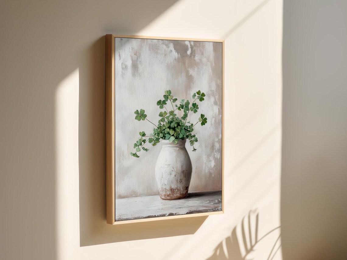 Rustic White Vase With Shamrock Bouquet Art Print - Image 7