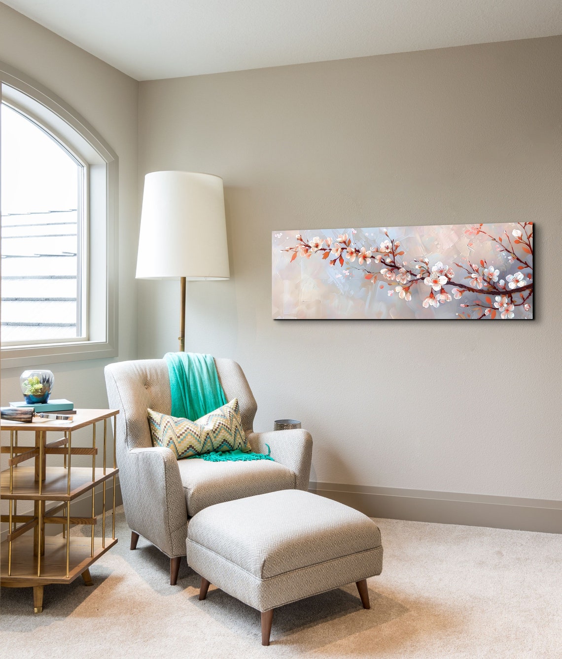 White Cherry Blossom Branch Beige Oil Painting Panoramic Art Poster - Image 7