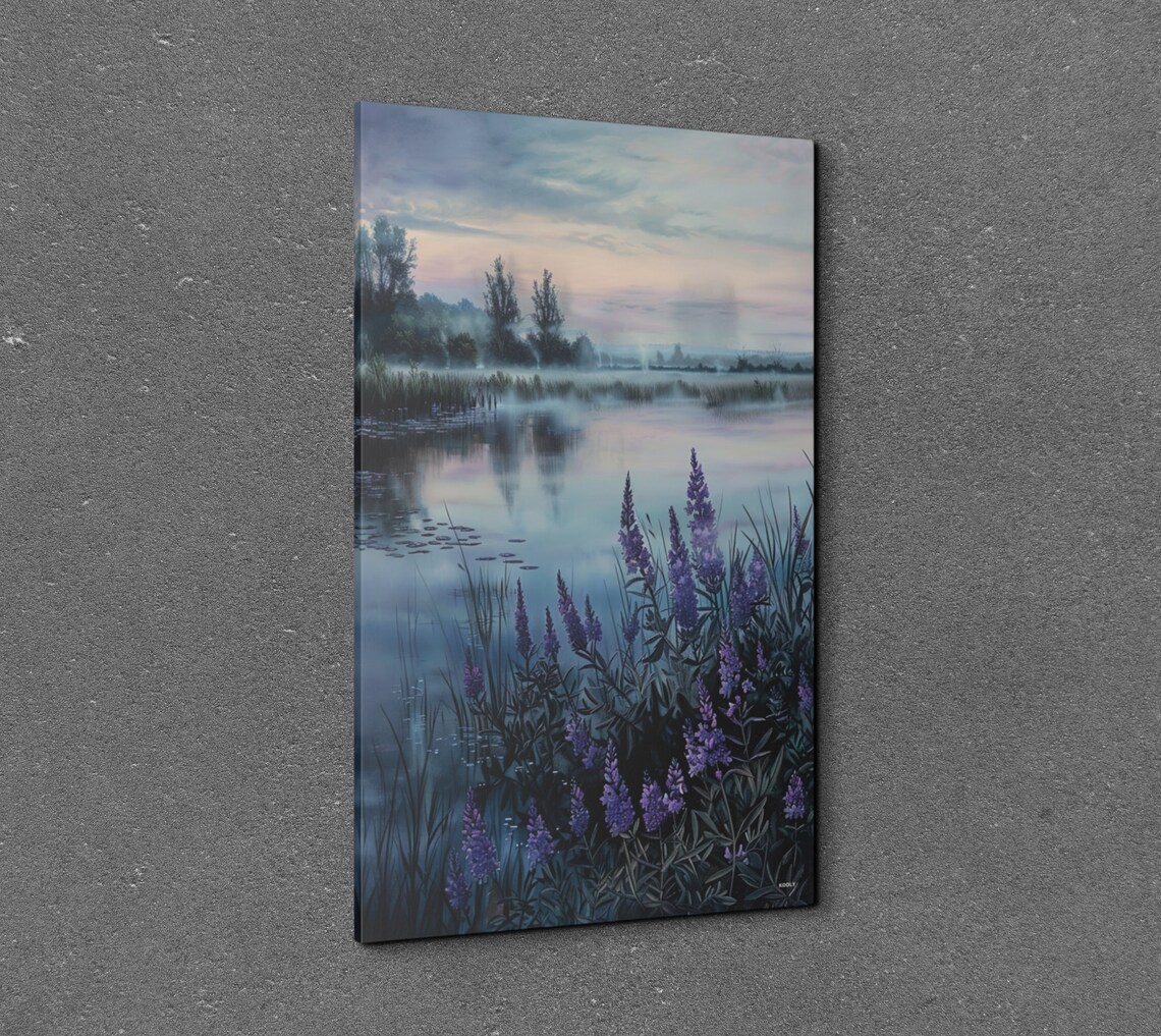 Serene Lake With Purple Thistles, Tranquil Art Print - Image 3