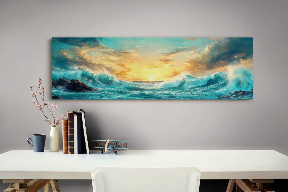 Ocean Wave Golden Sunset Seascape Panoramic Coastal Beach Poster