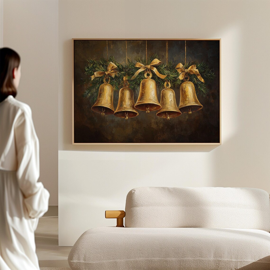 Golden Christmas Bells With Bows And Pine On Dark Vintage Wall Art - Image 4