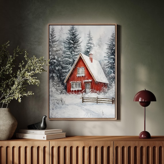 Cozy Red Cabin In Snowy Pine Forest Winter Holiday Retreat Poster