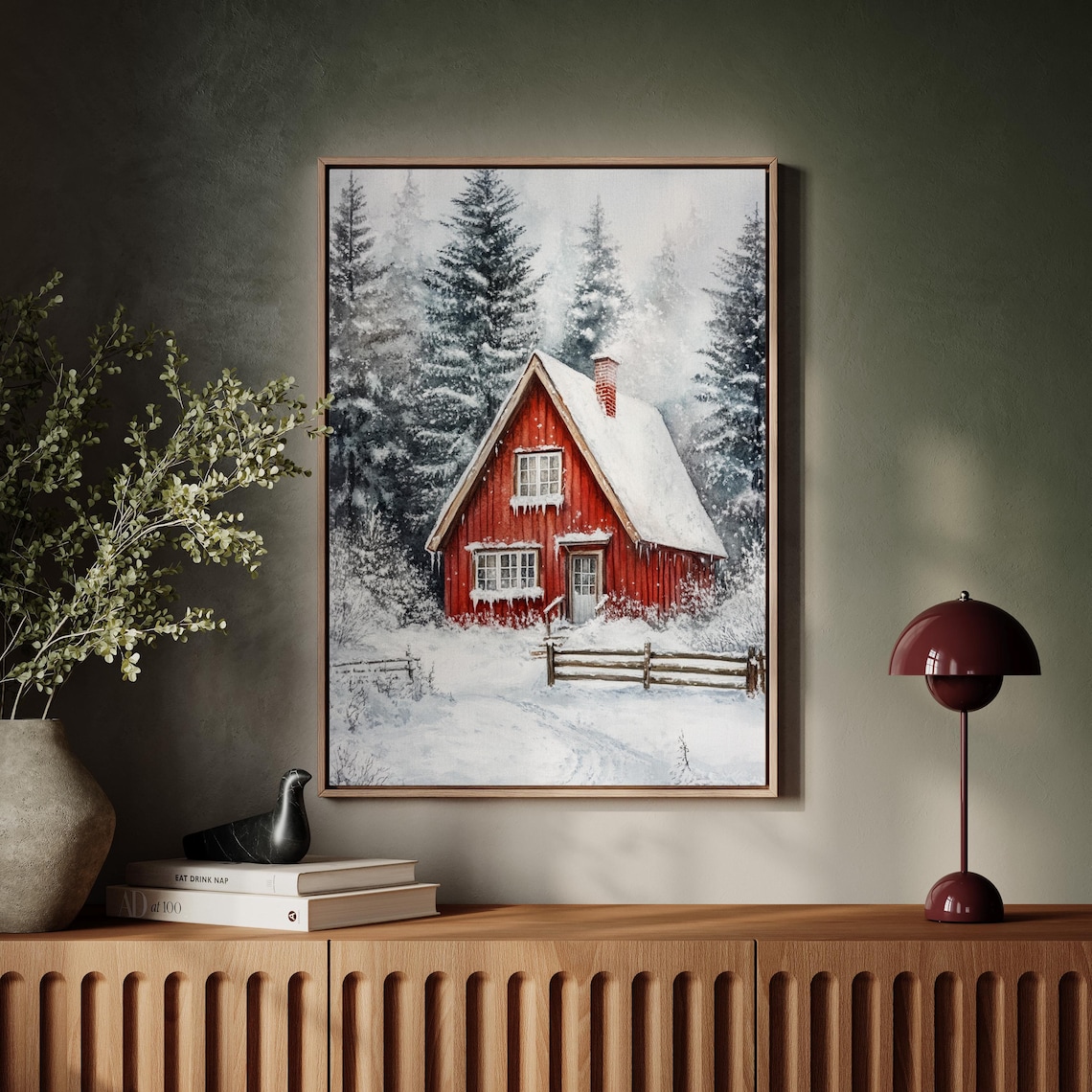 Cozy Red Cabin In Snowy Pine Forest Winter Holiday Retreat Poster