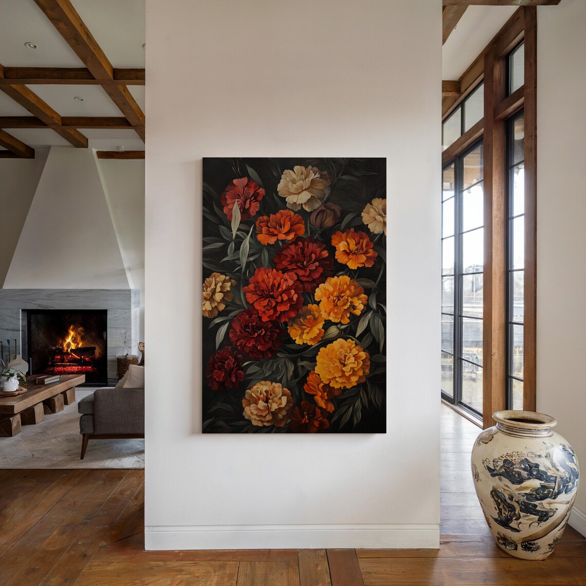 Marigold Blooms in Burnt Orange on Black Moody Floral Art Poster - Image 4
