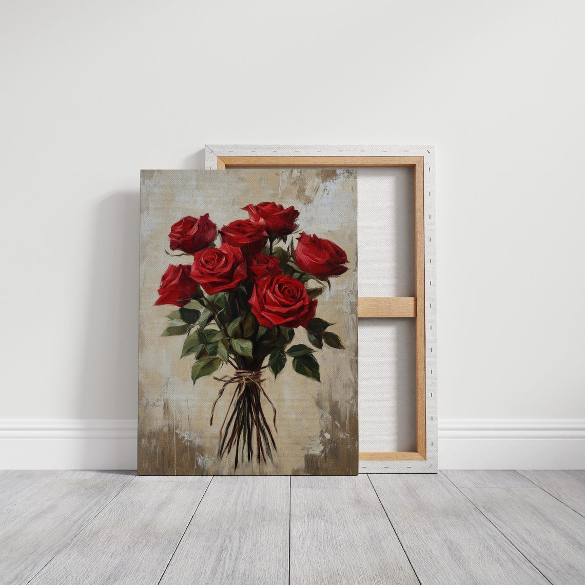 Red Roses Bouquet Oil Painting on Textured Beige Canvas Art Print - Image 3