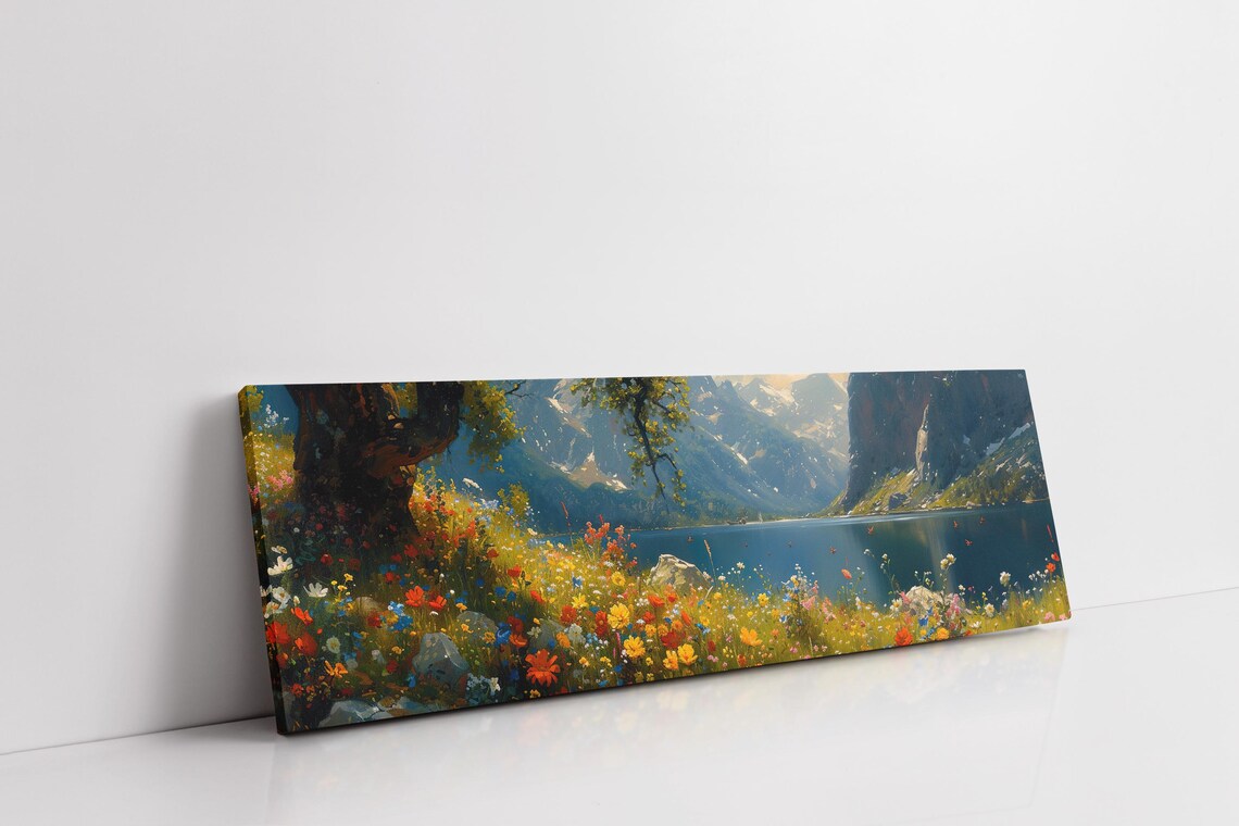 Wildflowers Mountains and Lake Oil-Style Art Print - Image 7