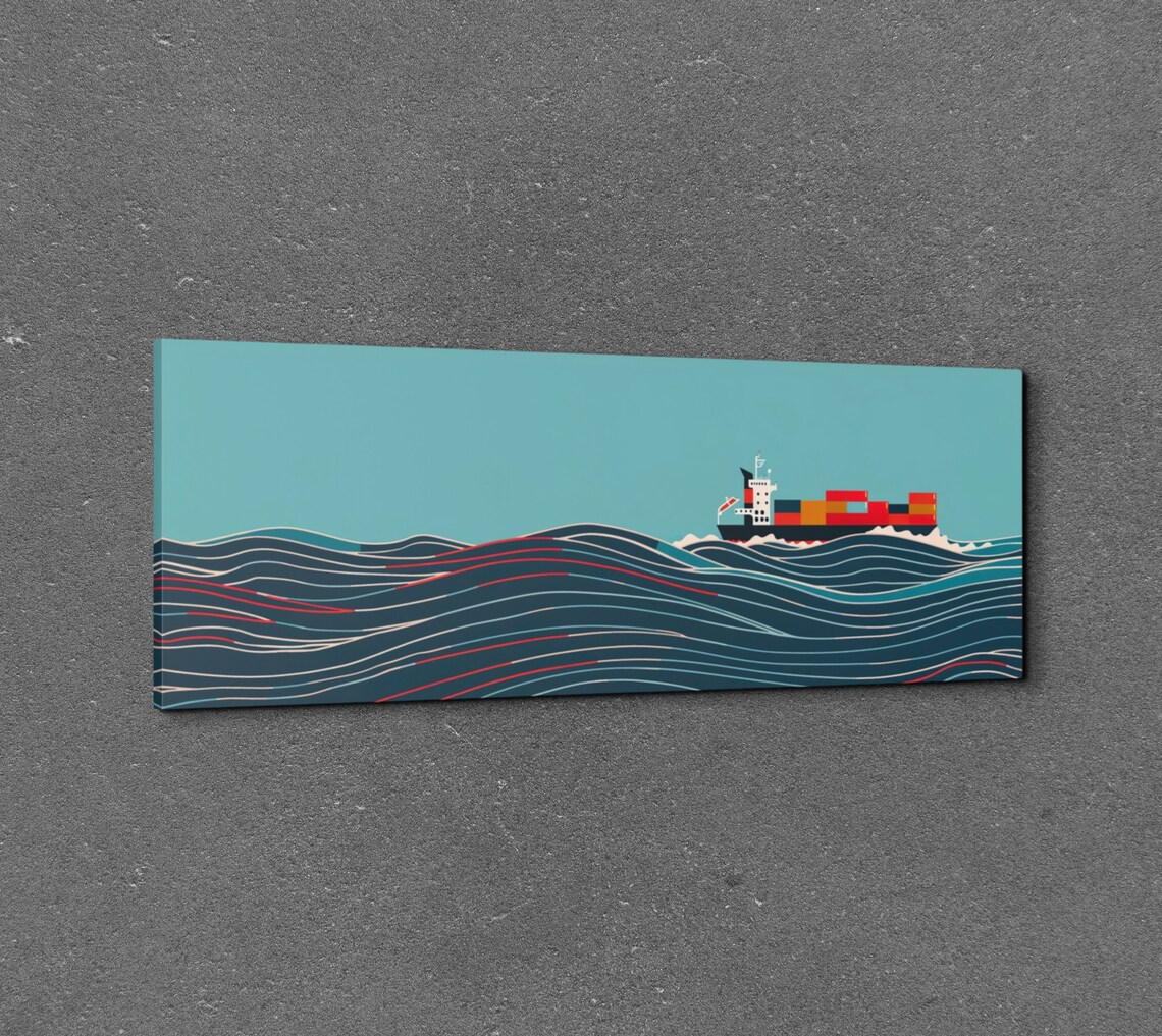 Panoramic Cargo Ship in Ocean, Nautical Art Print - Image 3