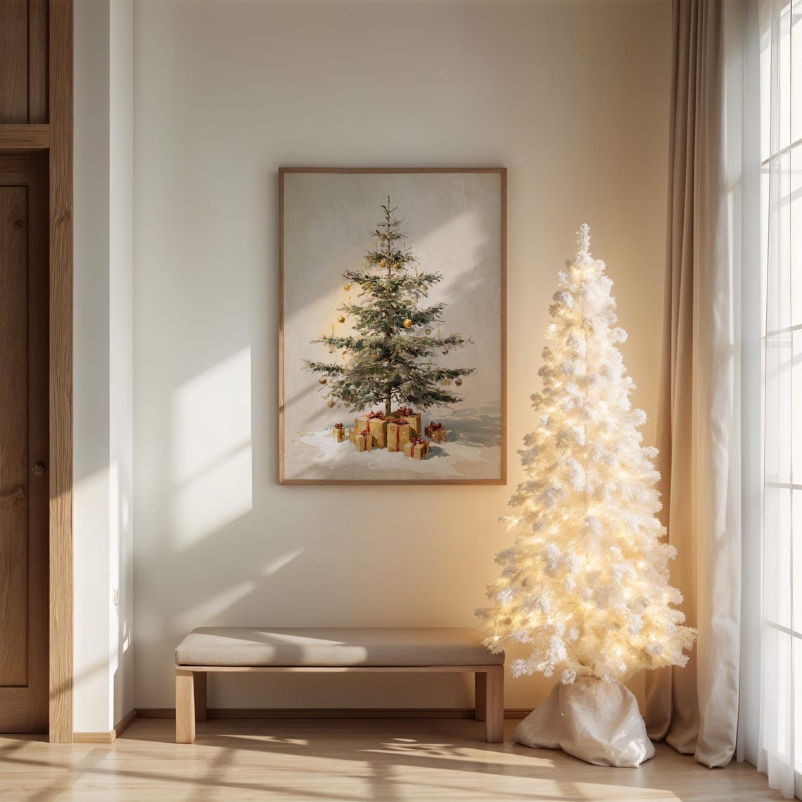 Vintage Christmas Tree With Candles And Gifts