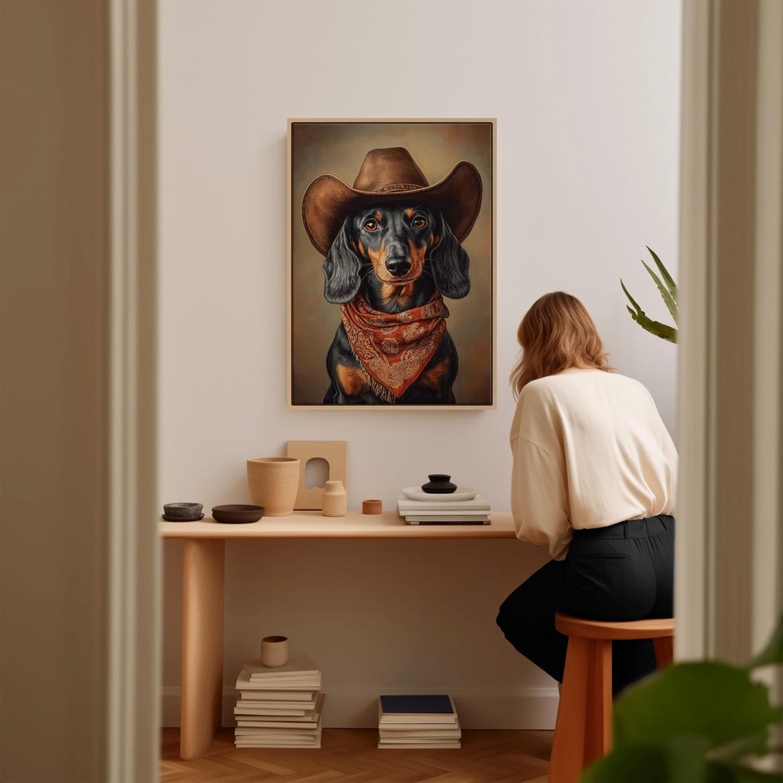 Long Haired Dachshund Cowboy Rustic Western Dog Portrait Poster - Image 2