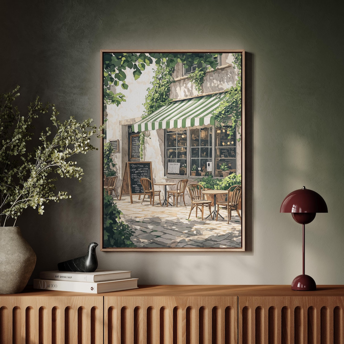 Vintage French Caf Wall Art Outdoor Bistro Scene With Ivy And Green Striped Awning European Coffee Shop Print - Image 5