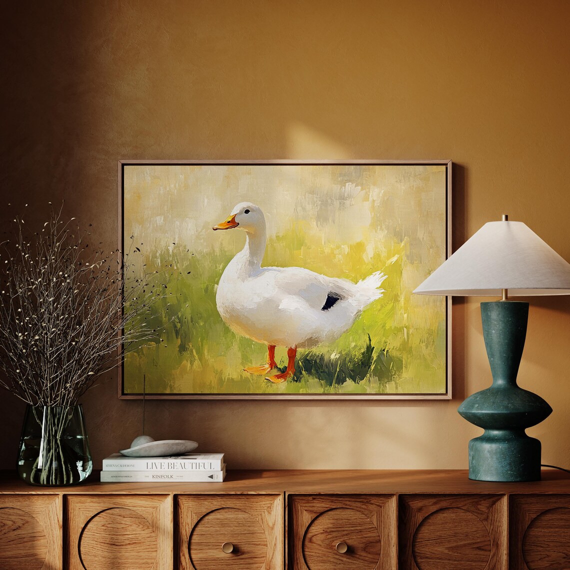 White Pekin Duck Green Meadow Vintage Farmhouse Animal Poster