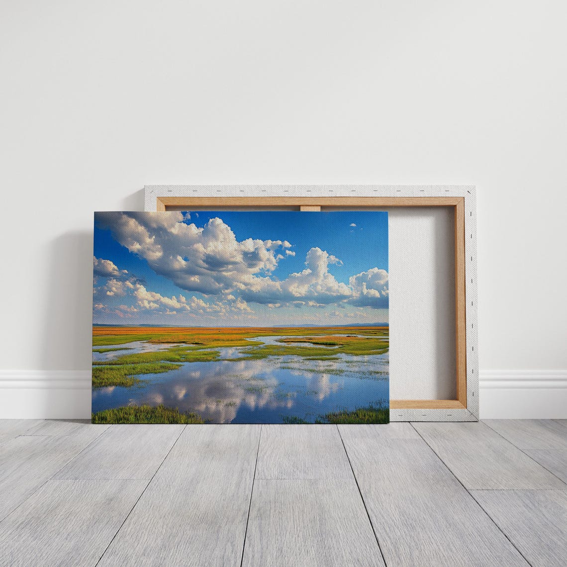 Bright Wetlands With Blue Sky Big White Clouds And Still Water Poster - Image 2